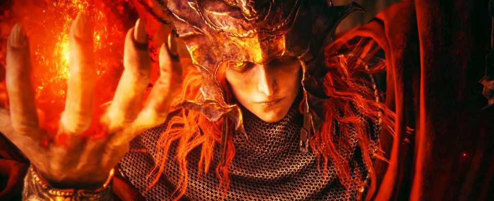 Elden Ring Shadow of the Erdtree trailer screencap of a red haired character holding fire in their hand