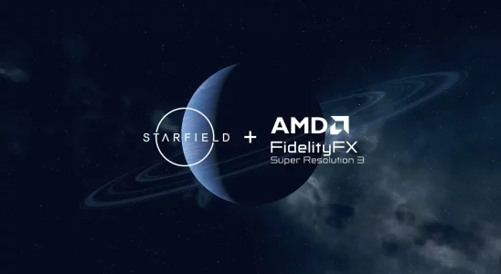 Starfield logo and AMD logo in space with a dark planet behind them.