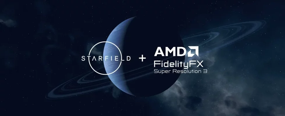 Starfield logo and AMD logo in space with a dark planet behind them.