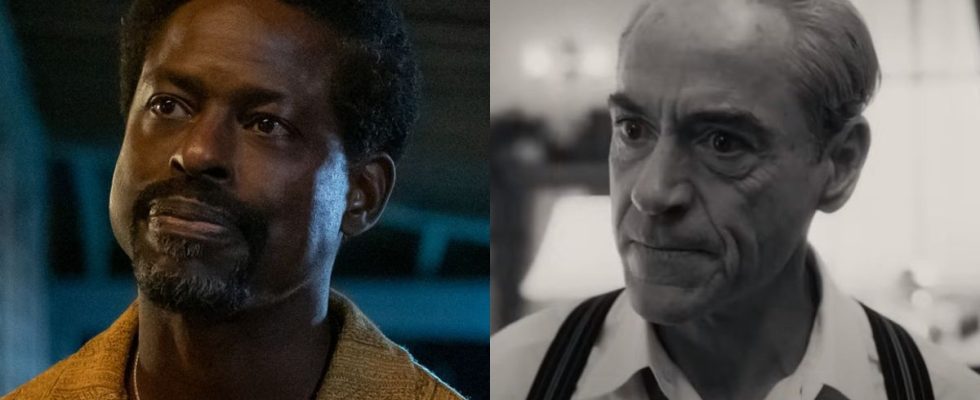 From left to right: a press image of Sterling K. Brown in American Fiction and a screenshot of Robert Downey Jr. in Oppenheimer.
