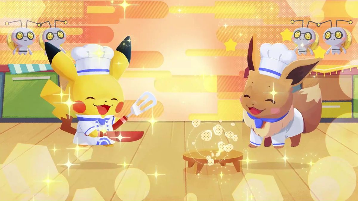 Pikachu et Évoli debout l'un à côté de l'autre dans une jolie capture d'écran stylisée de Pokemon Cafe Remix