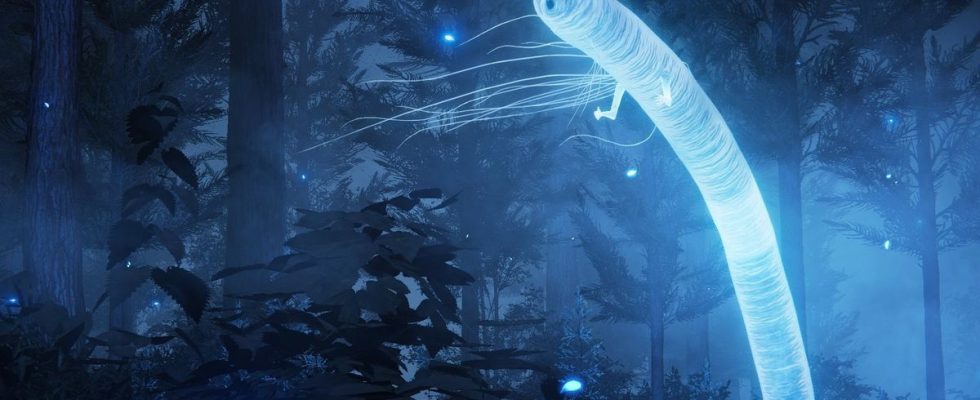 Glowing ethereal worm with simple surprised face and tiny hands in shrouded blue forest