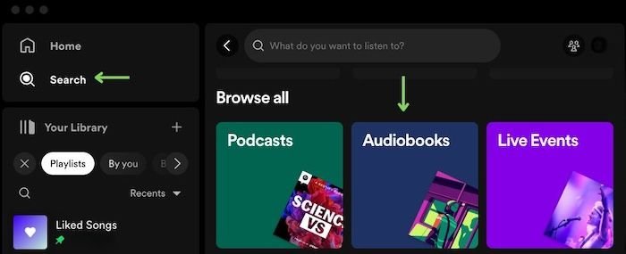 capture d'écran de l'onglet de recherche dans l'application Web Spotify affichant des vignettes pour les podcasts, les livres audio et les événements en direct