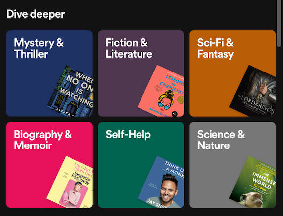 capture d'écran des catégories de genre dans Spotify Audiobooks sur l'application Web