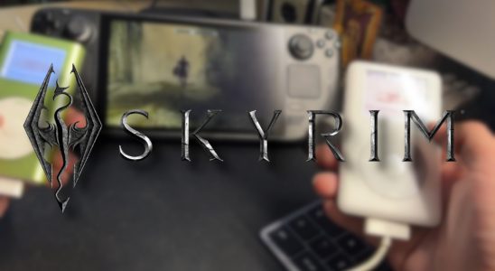 Skyrim logo with a Steam deck showing the game and two iPods being used as controllers.