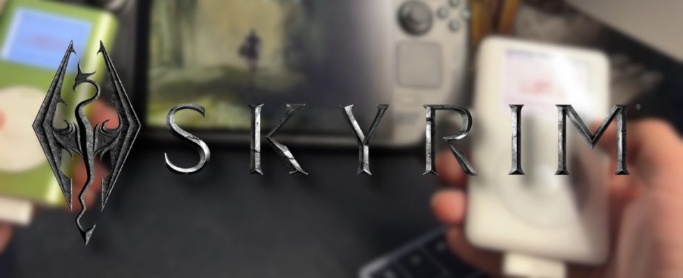 Skyrim logo with a Steam deck showing the game and two iPods being used as controllers.