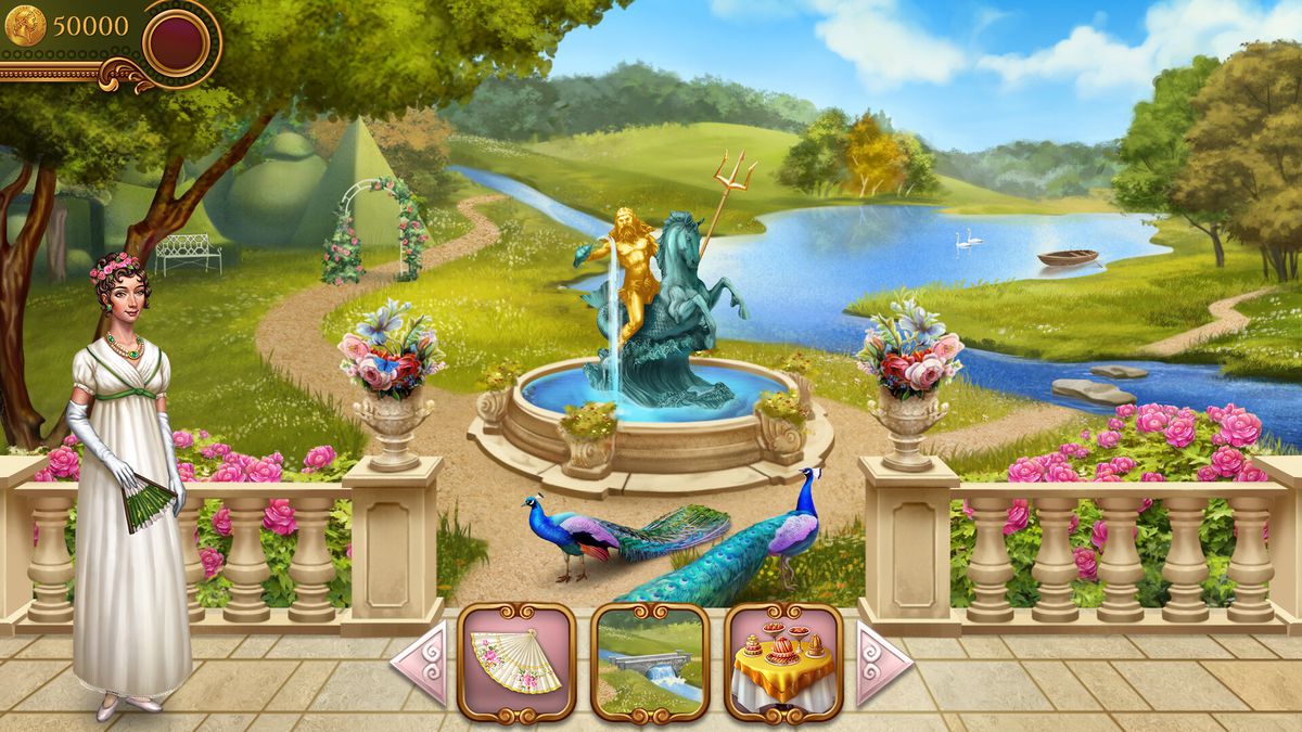 L'écran Boutique de Regency Solitaire 2 montre un jardin topiaire avec une fontaine, des paons et un lac de navigation.