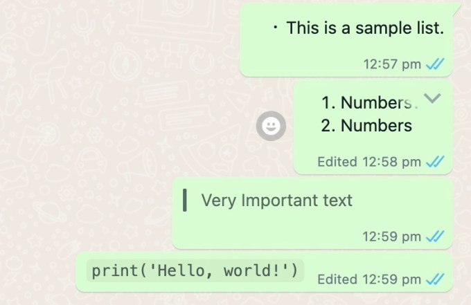 Exemple de ce à quoi ressemblent les nouvelles options de formatage sur WhatsApp Web
