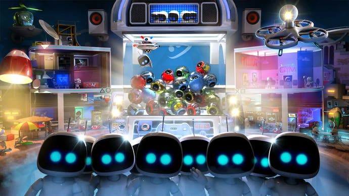 The Playroom VR, mettant en vedette plusieurs personnages Astrobot devant un décor sur le thème d'un mini-jeu