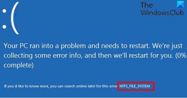 Erreur d'écran bleu du système de fichiers NTFS