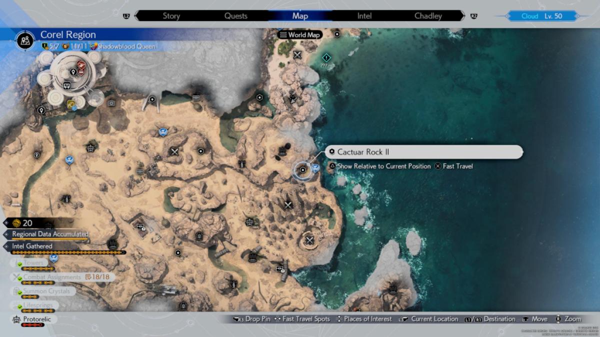 Une image montrant une carte de la région de Corel dans Final Fantasy 7 FF7 Rebirth qui met en évidence l'emplacement de Cactuar Rock 3.