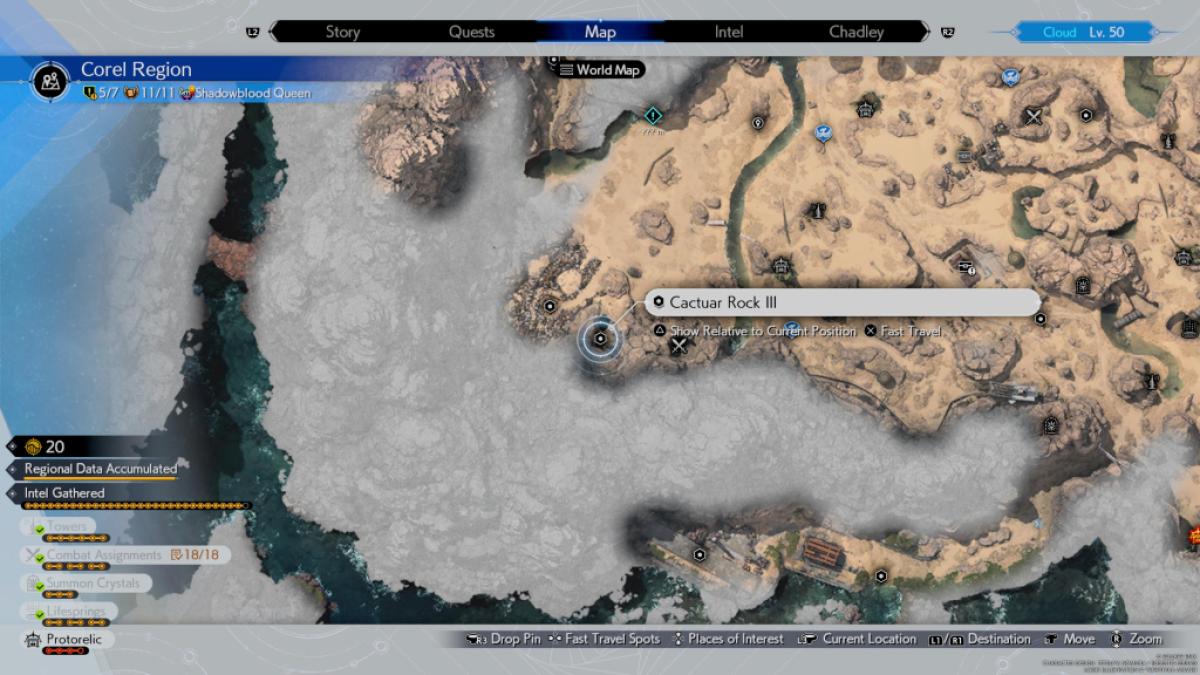 Une image montrant une carte de la région de Corel dans Final Fantasy 7 FF7 Rebirth qui met en évidence l'emplacement de Cactuar Rock 2.