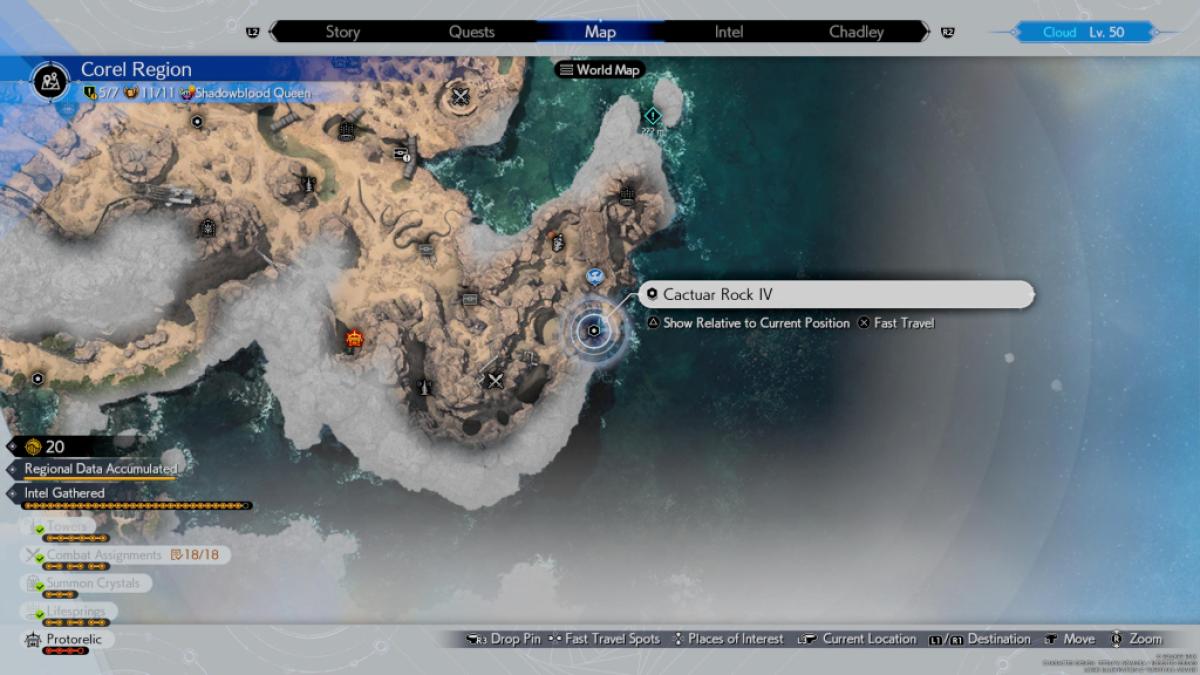 Une image montrant une carte de la région de Corel dans Final Fantasy 7 FF7 Rebirth qui met en évidence l'emplacement de Cactuar Rock 1.