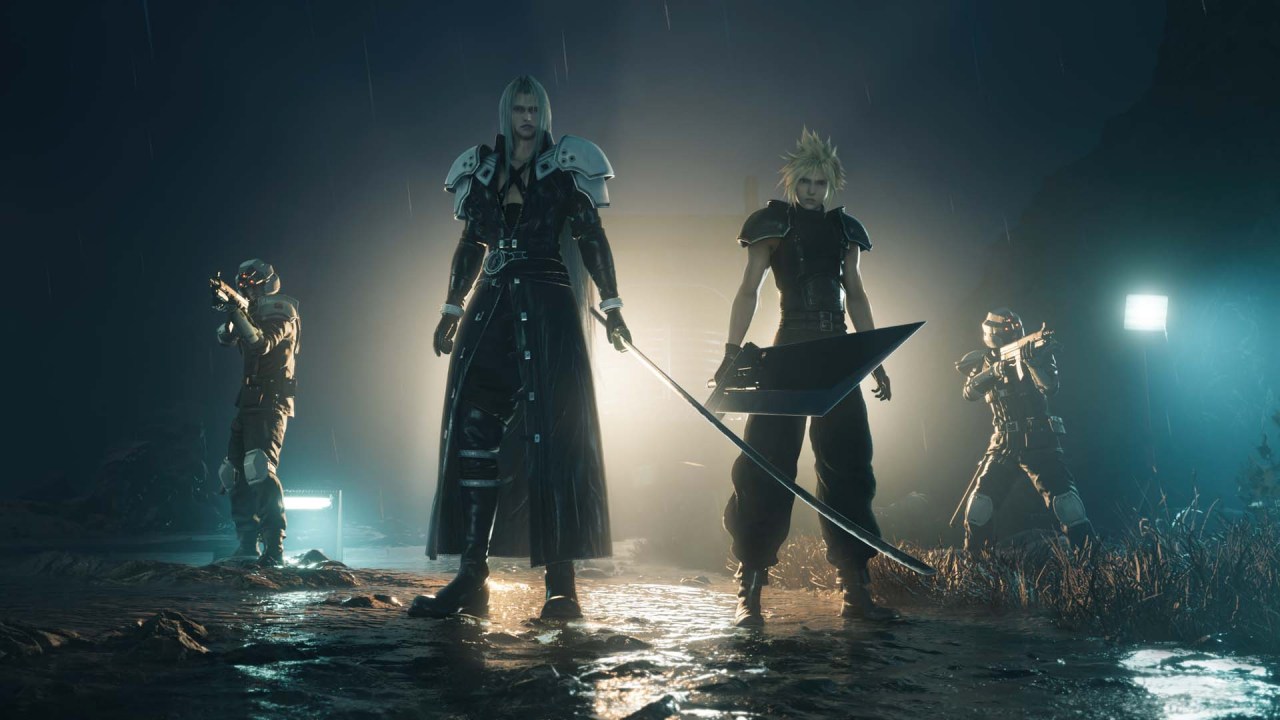 Cloud et Sephiroth debout à côté de deux soldats de la Shinra 
