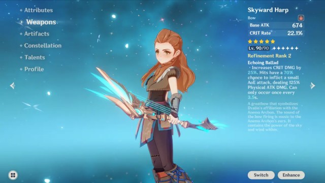 Aloy d'Horizon Zero Dawn, affichant l'interface utilisateur de son personnage dans Genshin Impact