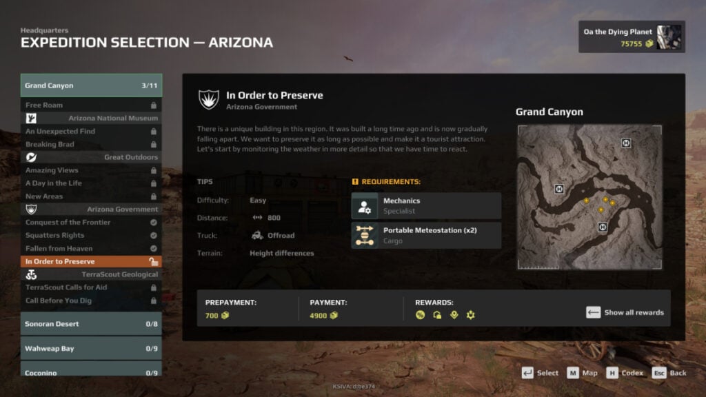 L'écran de sélection d'expédition dans Expeditions : A MudRunner Game
