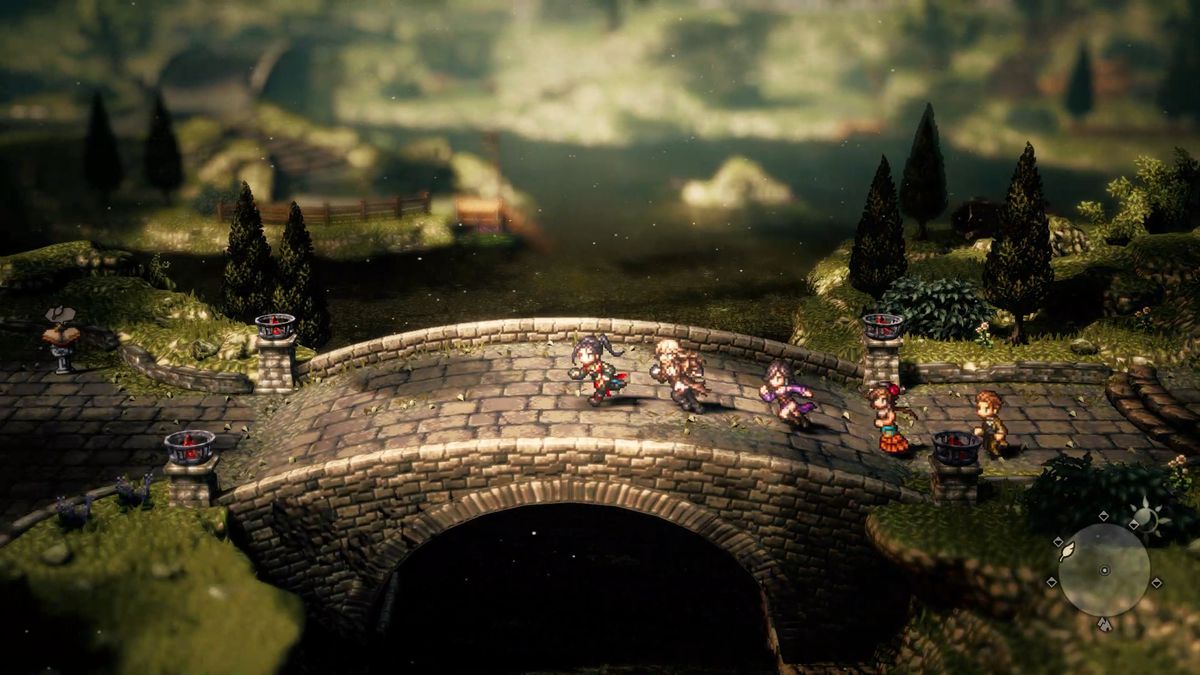 Une capture d'écran d'Octopath Traveler 2, montrant les personnages du jeu dans un arc-en-ciel.