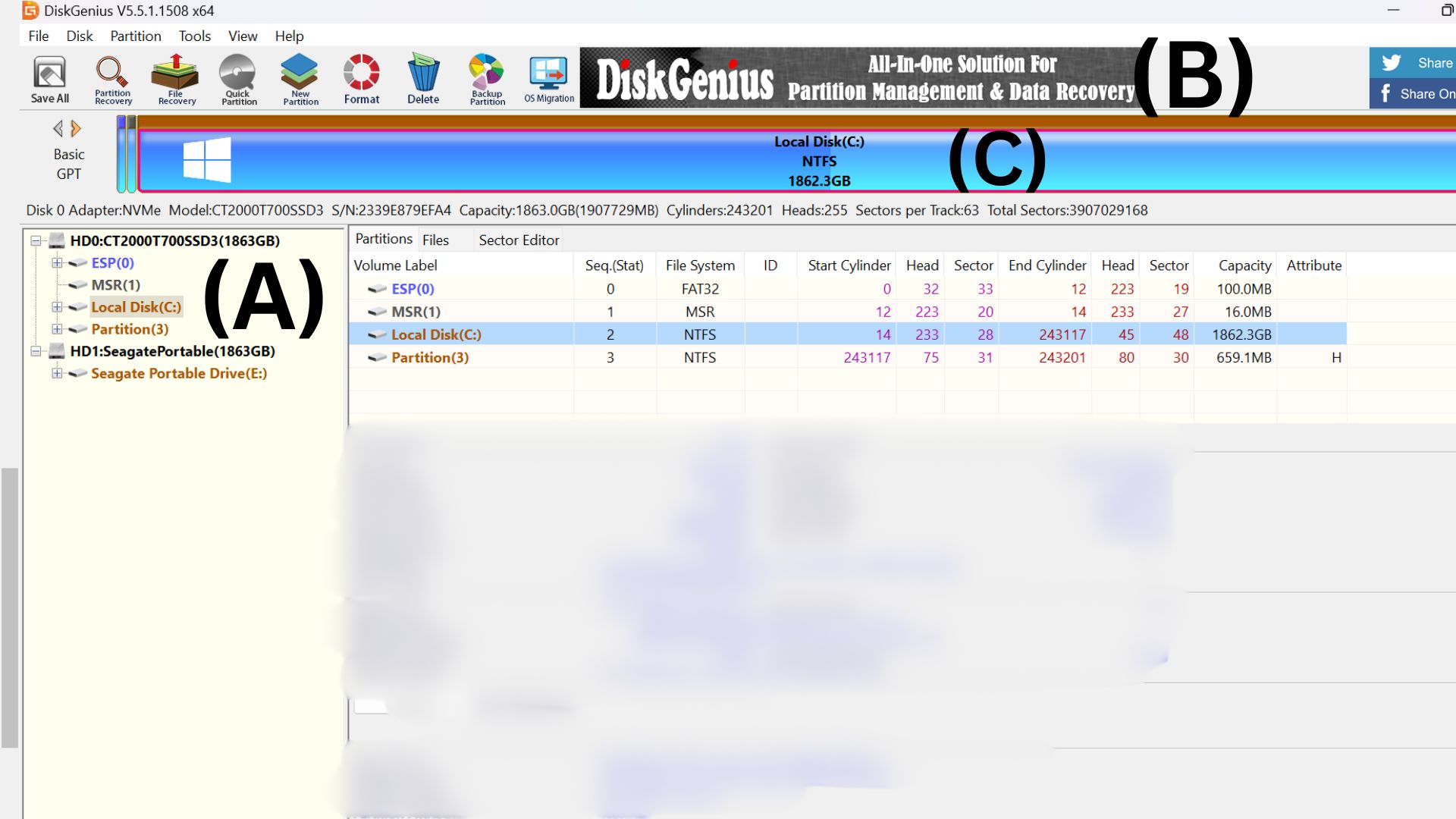 Capture d'écran de DiskGenius avec des lettres claires sur certaines parties de la fenêtre capturée
