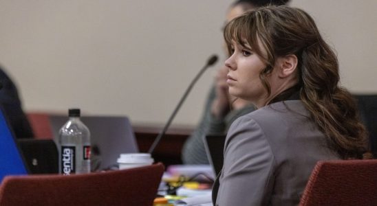 Hannah Gutierrez-Reed, the former armorer on the set of the movie Rust, listens to Corporal Alexandra Hancock, with the Santa Fe Sheriff’s Office, testify during her trial at district court on Wednesday, Feb. 27, 2024.