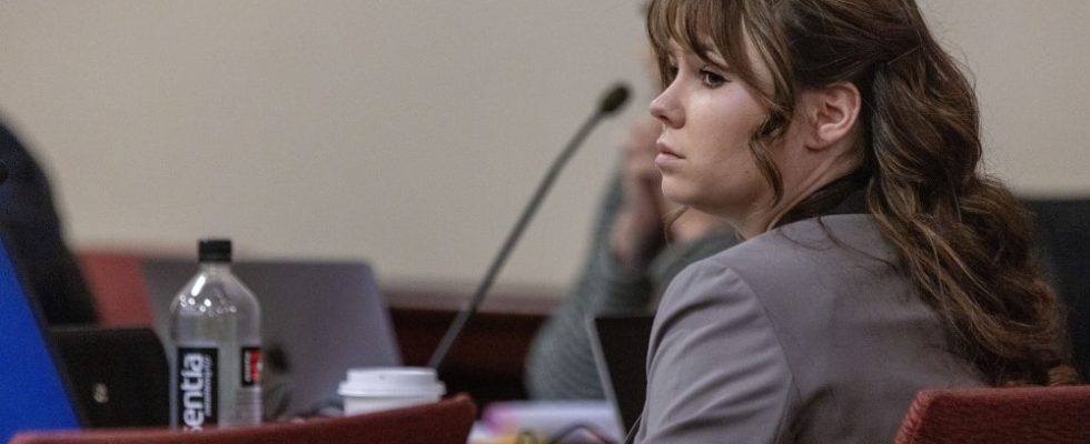 Hannah Gutierrez-Reed, the former armorer on the set of the movie Rust, listens to Corporal Alexandra Hancock, with the Santa Fe Sheriff’s Office, testify during her trial at district court on Wednesday, Feb. 27, 2024.