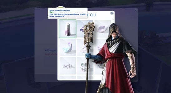 The Crystal Exarch overlayed on the Spire Shaped Crystal in Sims 4