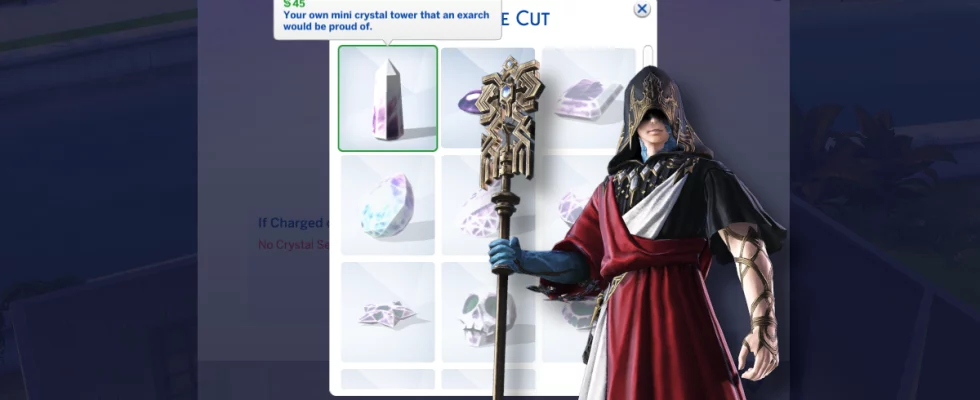 The Crystal Exarch overlayed on the Spire Shaped Crystal in Sims 4