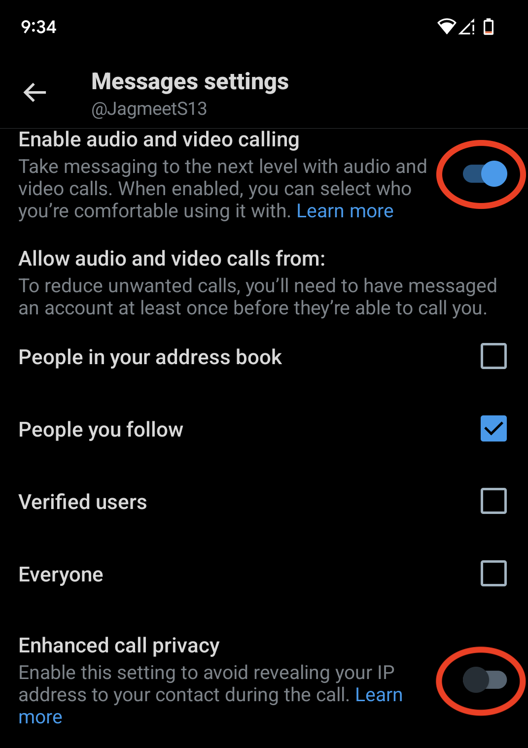 Une capture d'écran des paramètres de la fonction d'appel audio et vidéo de X pour Android.