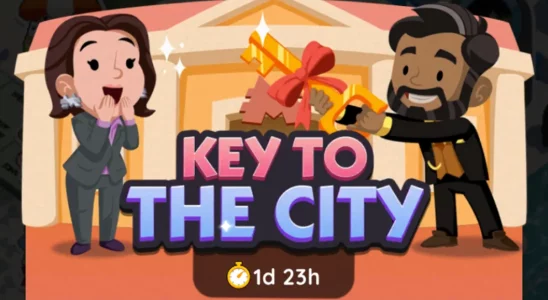 An image from the Monopoly GO Key to the City event showing a man holding a key to the city as a woman looks on in awe.