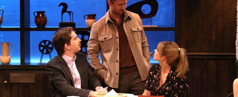 SATURDAY NIGHT LIVE -- Episode 1857 -- Pictured: (l-r) Andrew Dismukes, special guest Glen Powell and host Sydney Sweeney
