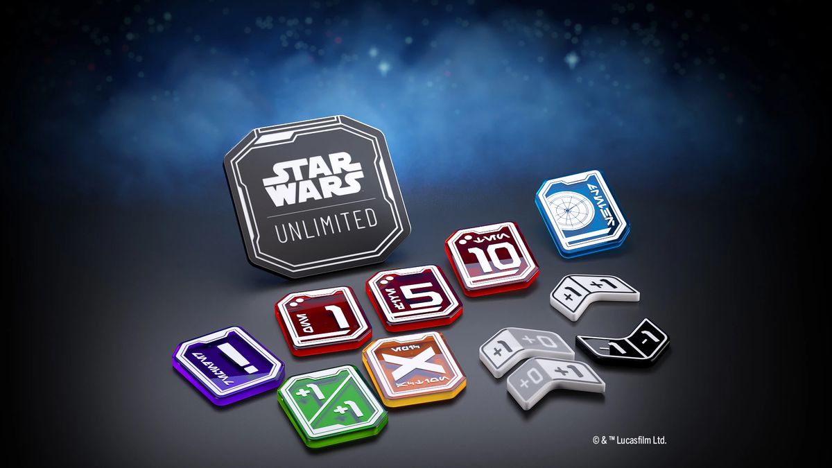 Illustration clé présentant des exemples de jetons en acrylique haut de gamme pour Star Wars Unlimited