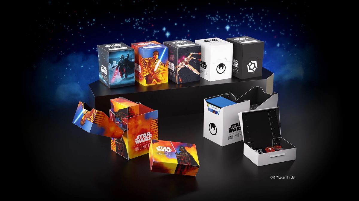 Illustration clé comprenant cinq boîtes de deck Soft Crate pour Star Wars Unlimited