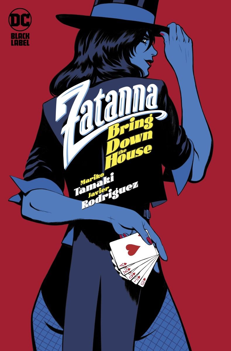 La couverture principale de Zatanna : Bring Down the House : Regardant par-dessus son épaule, Zatanna pointe son haut-de-forme vers le spectateur.  De son autre main, tenue derrière son dos, elle exhibe sa main de cartes : une quinte flush royale. 