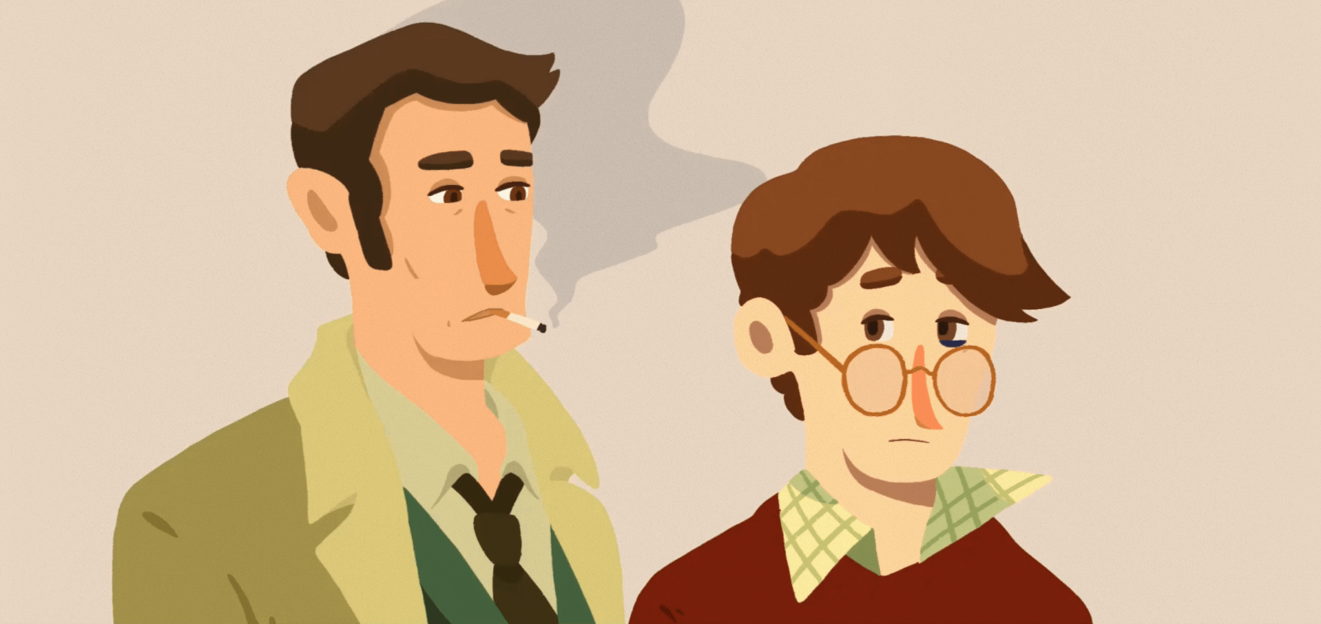 Une image fixe du personnage principal Eugène et du détective Malseki - votre guide et donneur d'indices pour le jeu.  Maleski fume une cigarette, jouant le stéréotype du détective maussade.