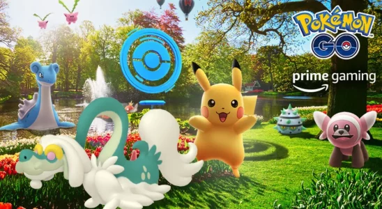 Pokemon GO and Prime Gaming promotional image, featuring Pikachu and other Pokemon celebrating at a PokeStop
