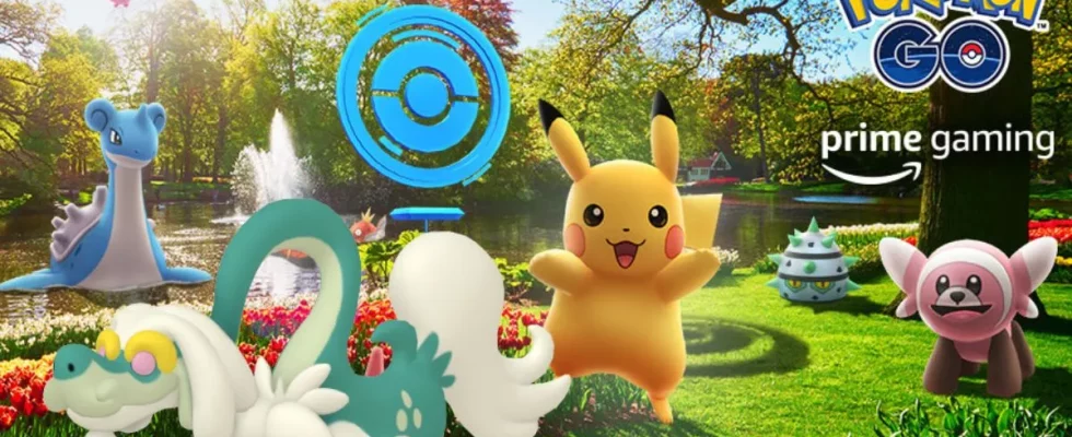 Pokemon GO and Prime Gaming promotional image, featuring Pikachu and other Pokemon celebrating at a PokeStop