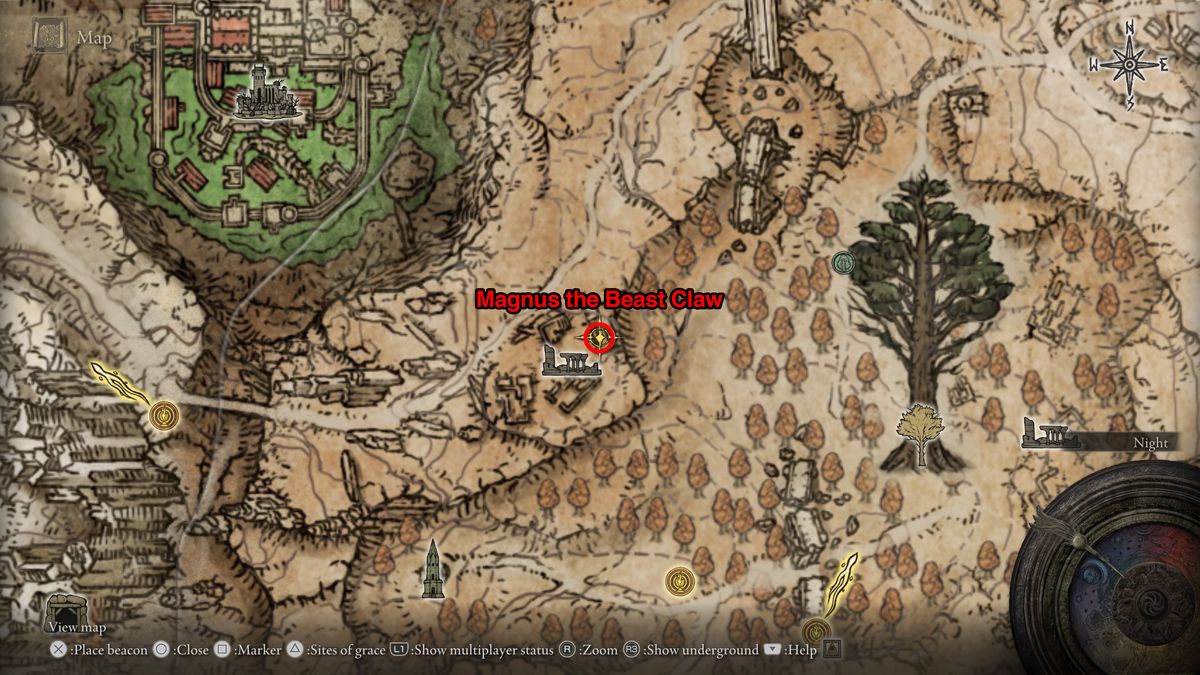 Une capture d'écran de la carte d'Elden Ring montrant l'emplacement de Magnus la Griffe de la Bête dans les ruines de Writheblood sur le plateau d'Altus.