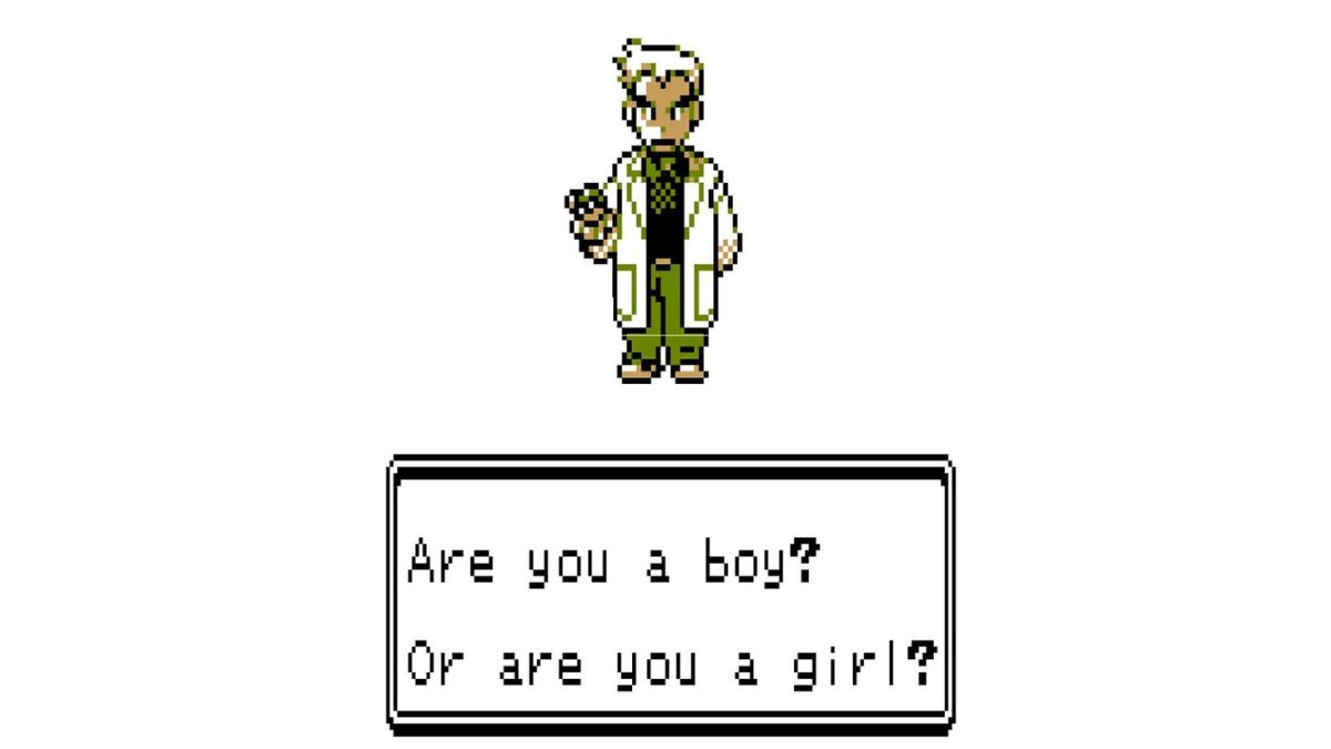 Professeur Oak de Pokémon, demandant Êtes-vous un garçon ou une fille