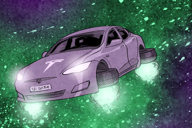Image d'une Tesla Model S avec ses roues montées horizontalement pour ressembler à une voiture volante de 