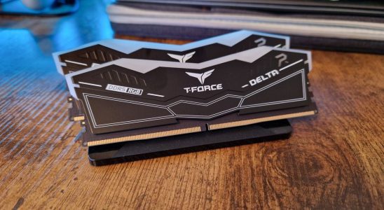 T-Force Delta RGB DDR5 sticks in black on a stand