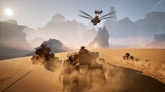 Dune Awakening : trois véhicules terrestres et un véhicule aérien ressemblant à une libellule dans le désert.