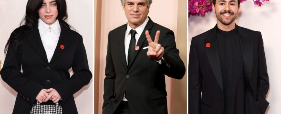 Billie Eilish, Mark Ruffalo, and Ramy Youssef wear red pins in support of a Ceasefire