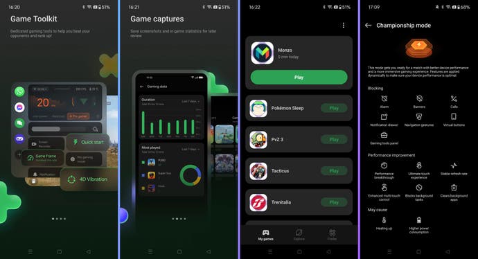Captures d'écran du OnePlus 12r montrant les fonctionnalités du lanceur de jeu