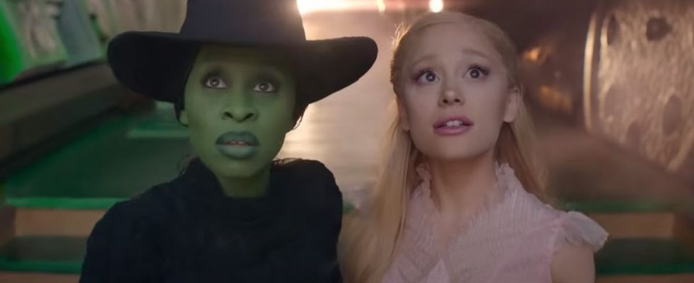 From left to right, Cynthia Erivo as Elphaba and Ariana Grande as Glinda in Wicked.