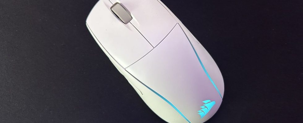 Corsair M75 Wireless gaming mouse on a black mouse pad
