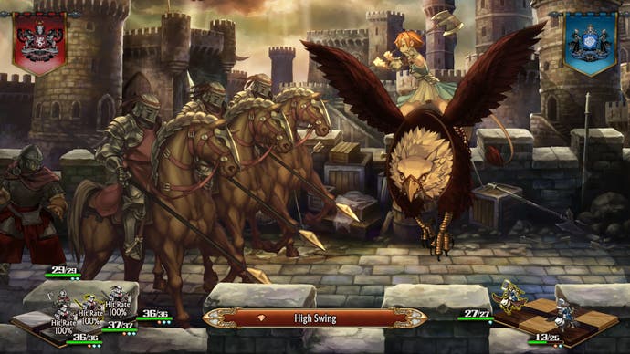 Un cavalier de griffon lance une hache sur les ennemis dans une capture d'écran de Unicorn Overlord