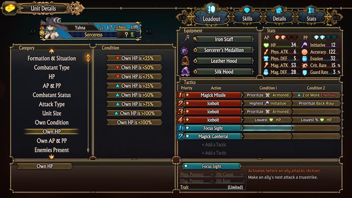 Une capture d'écran de Unicorn Overlord, montrant le menu Tactiques