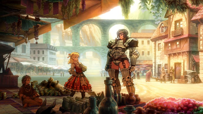 Une capture d'écran de Unicorn Overlord, montrant Scarlett rencontrant une grande femme dans une ville sablonneuse.
