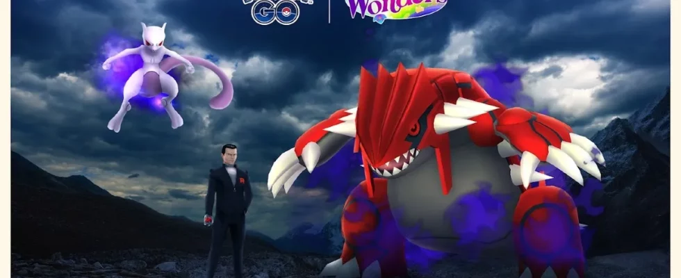 Promo image featuring Giovanni from Team GO Rocket, along with Shadow Mewtwo and Shadow Groudon