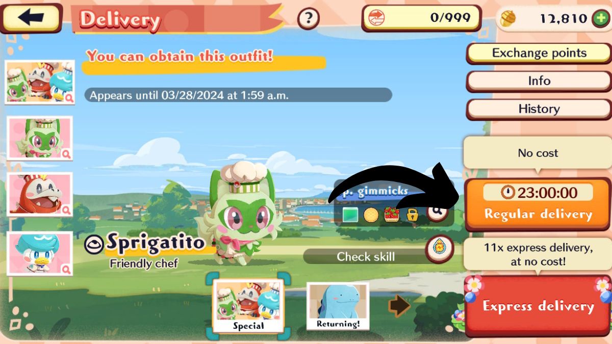 Capture d'écran de la page des livraisons dans Pokemon Cafe Remix, avec une flèche pointant vers le "faire chaque livraison" bouton.  Cette image fait partie d'un article sur la façon d'obtenir la tenue de chef rétro Pawmo dans Pokemon Cafe Remix.