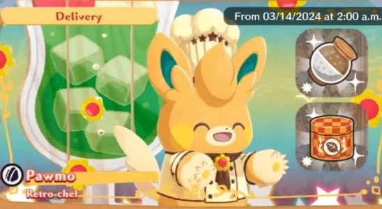 Pawmo dressed in the Retro Chef Outfit in Pokemon Cafe Remix